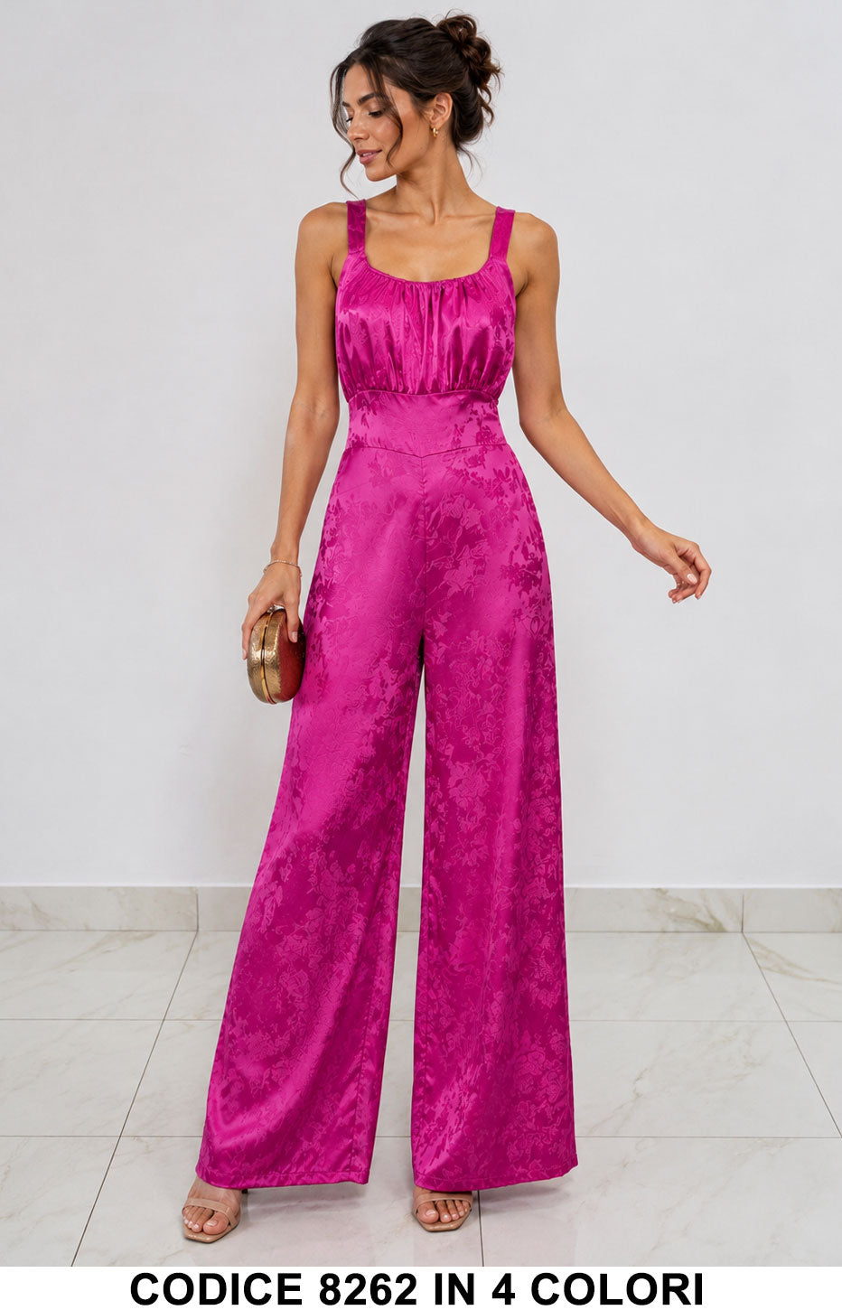Tuta Elegante Satin Jacquard Palazzo Jumpsuit Casual Elegante in 4 Colori – 8262