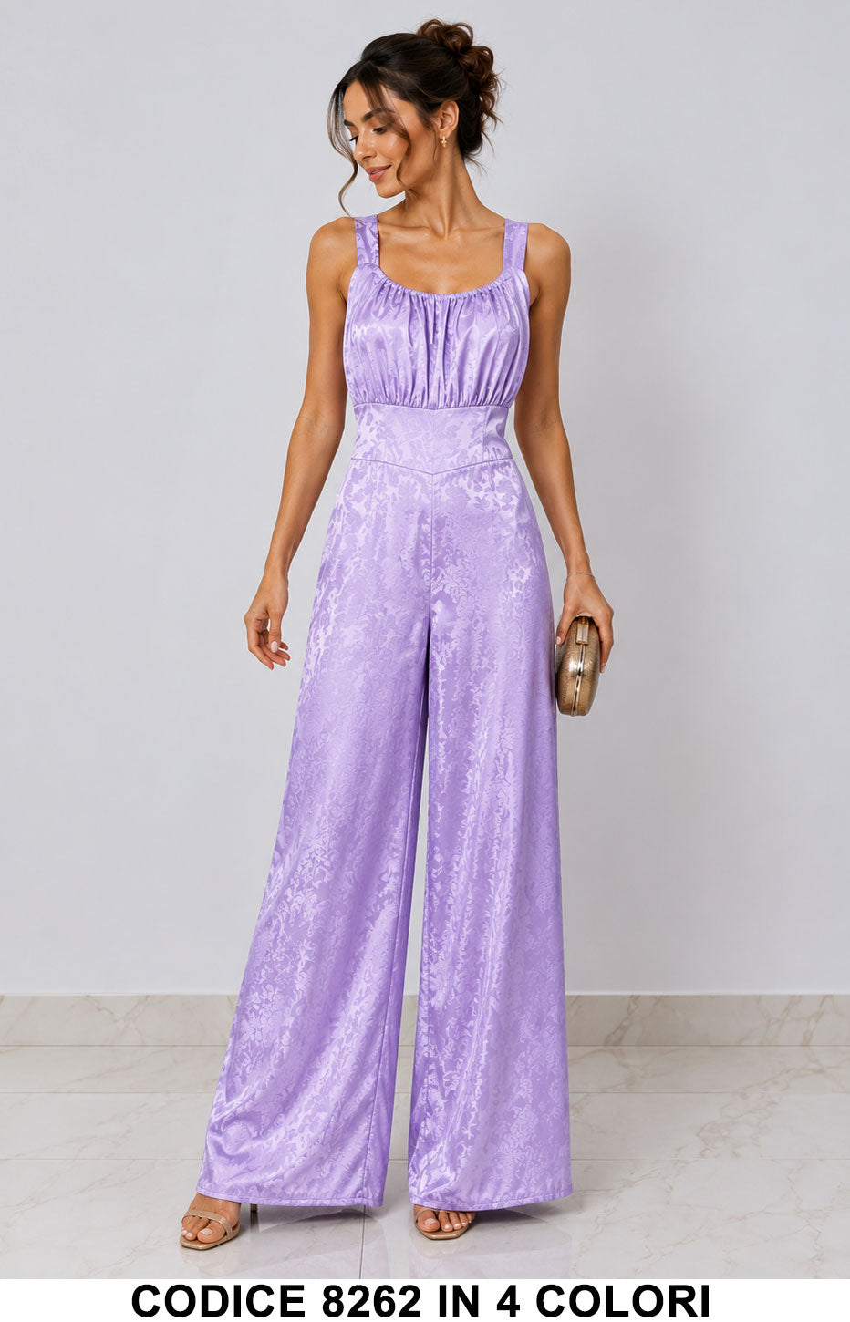Tuta Elegante Satin Jacquard Palazzo Jumpsuit Casual Elegante in 4 Colori – 8262