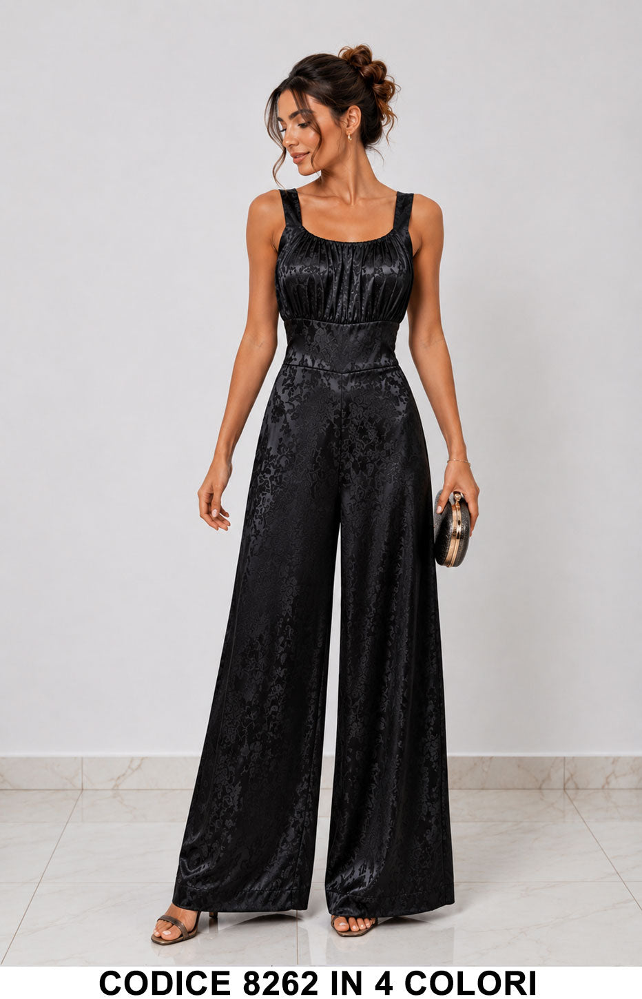 Tuta Elegante Satin Jacquard Palazzo Jumpsuit Casual Elegante in 4 Colori – 8262