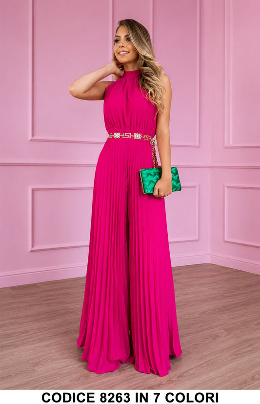 Tuta Elegante Plissé Collo Alto con Cintura Gioiello Jumpsuit Casual in 7 Colori – 8263