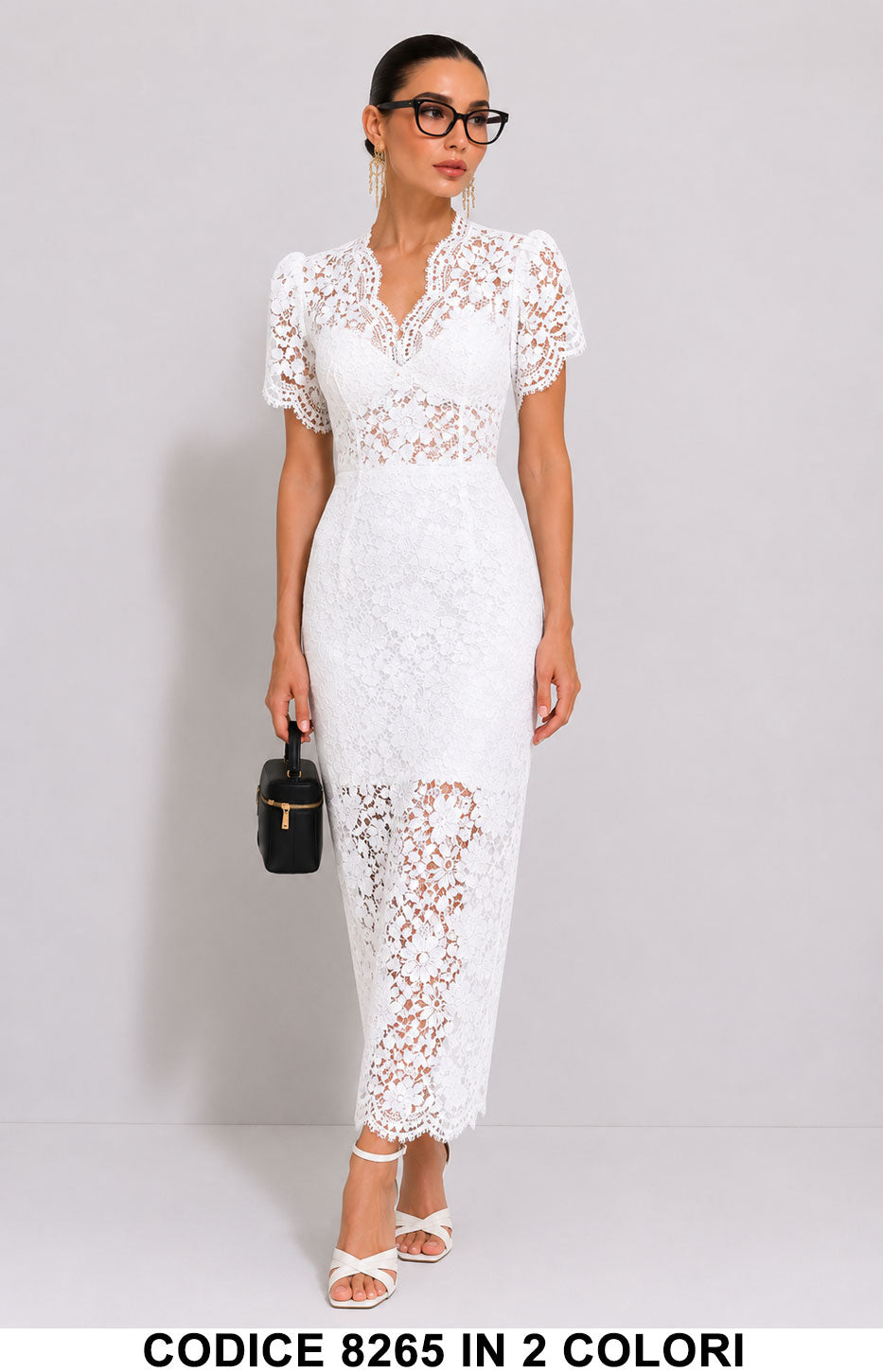 Abito Midi in Pizzo Elegante con Scollo Ricamato Vestito Evento Cerimonia in Bianco o Nero – 8265