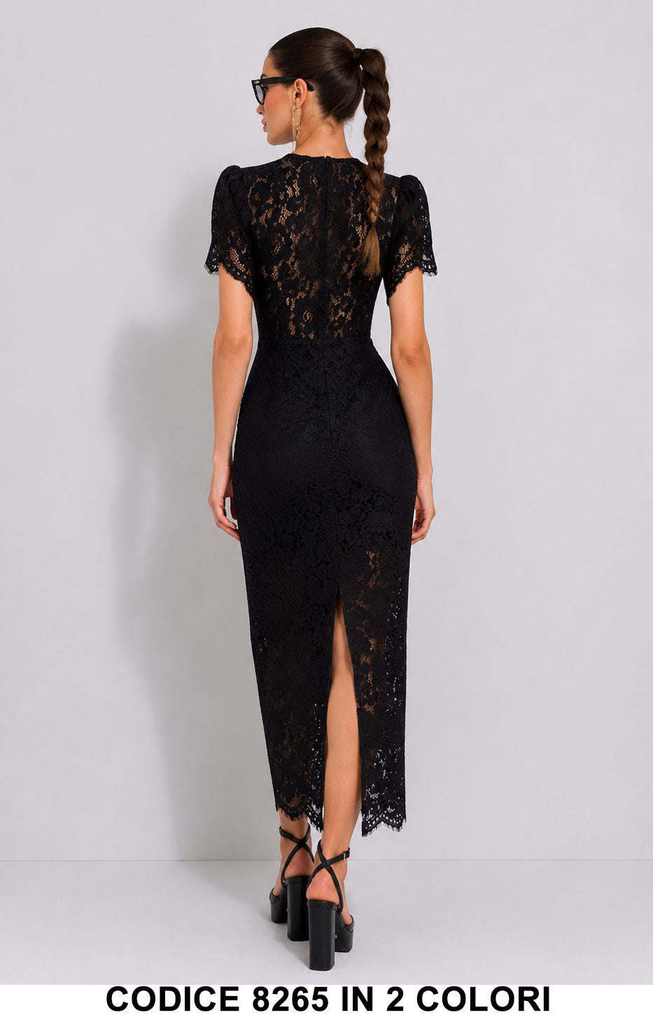 Abito Midi in Pizzo Elegante con Scollo Ricamato Vestito Evento Cerimonia in Bianco o Nero – 8265