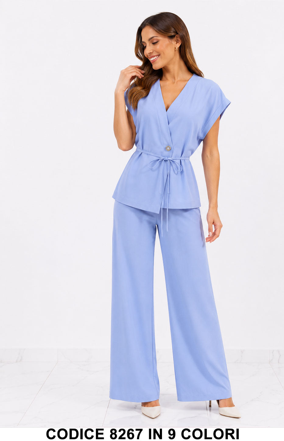 Completo Elegante Due Pezzi con Blusa Incrociata e Pantalone Palazzo Coordinato in 9 Colori – 8267