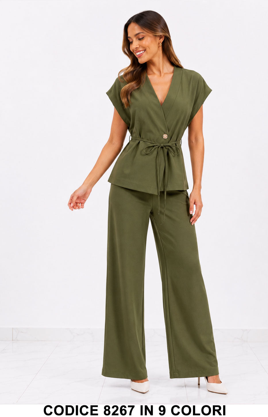 Completo Elegante Due Pezzi con Blusa Incrociata e Pantalone Palazzo Coordinato in 9 Colori – 8267