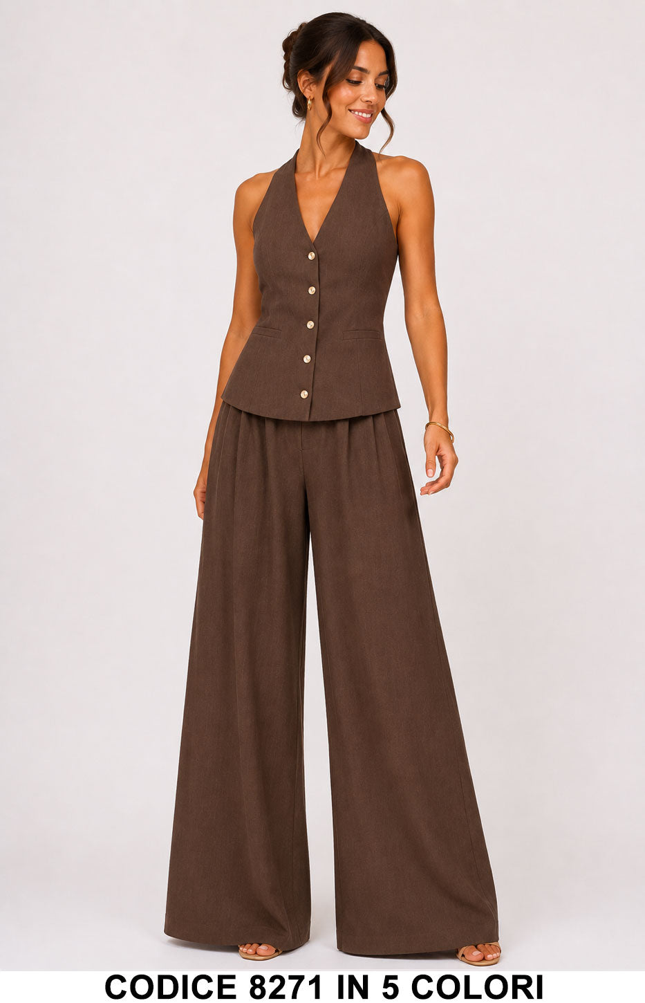 Completo Gilet Scollo Allacciato al Collo e Pantalone Palazzo Coordinato in 5 Colori – 8271