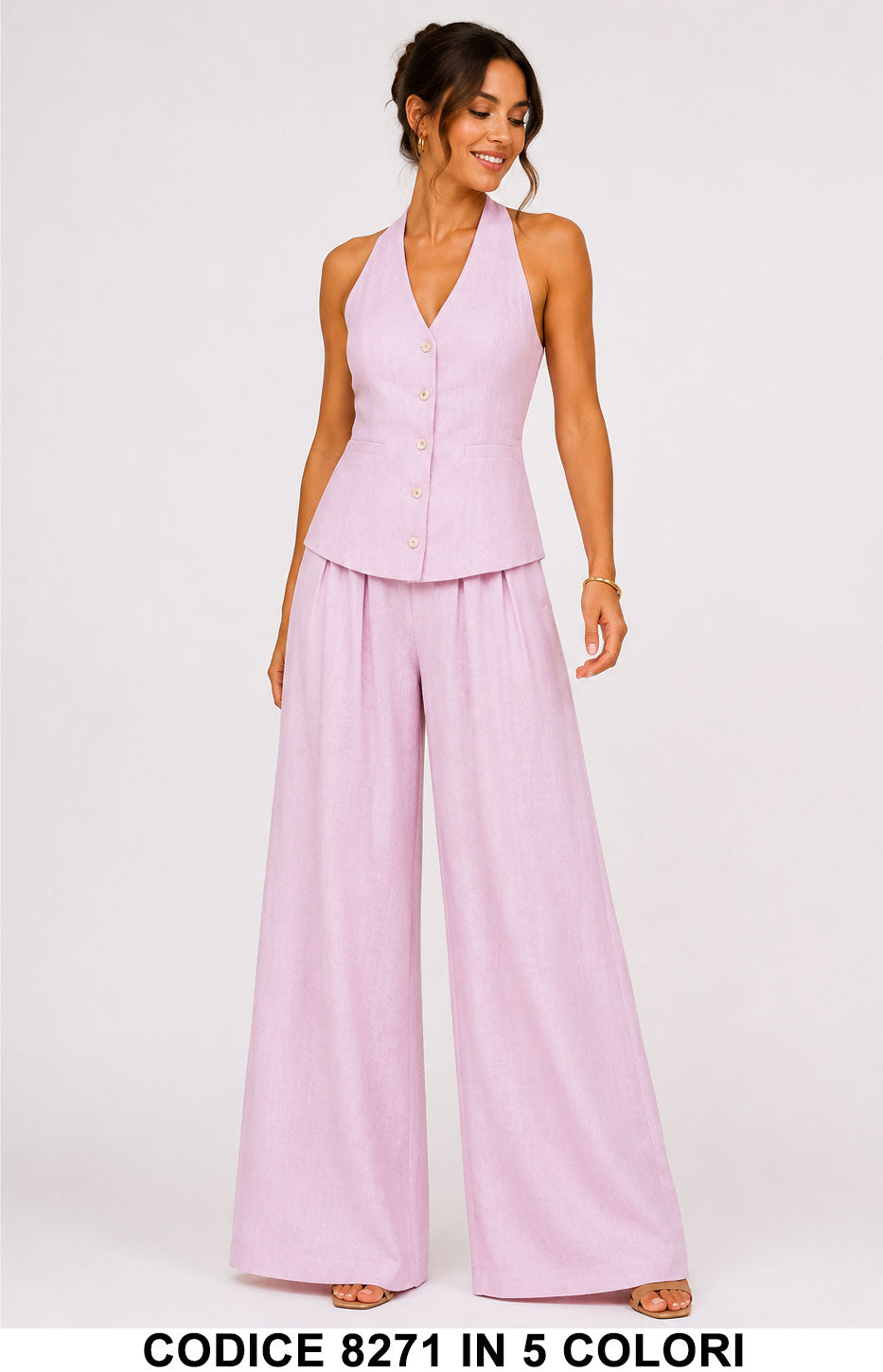 Completo Gilet Scollo Allacciato al Collo e Pantalone Palazzo Coordinato in 5 Colori – 8271