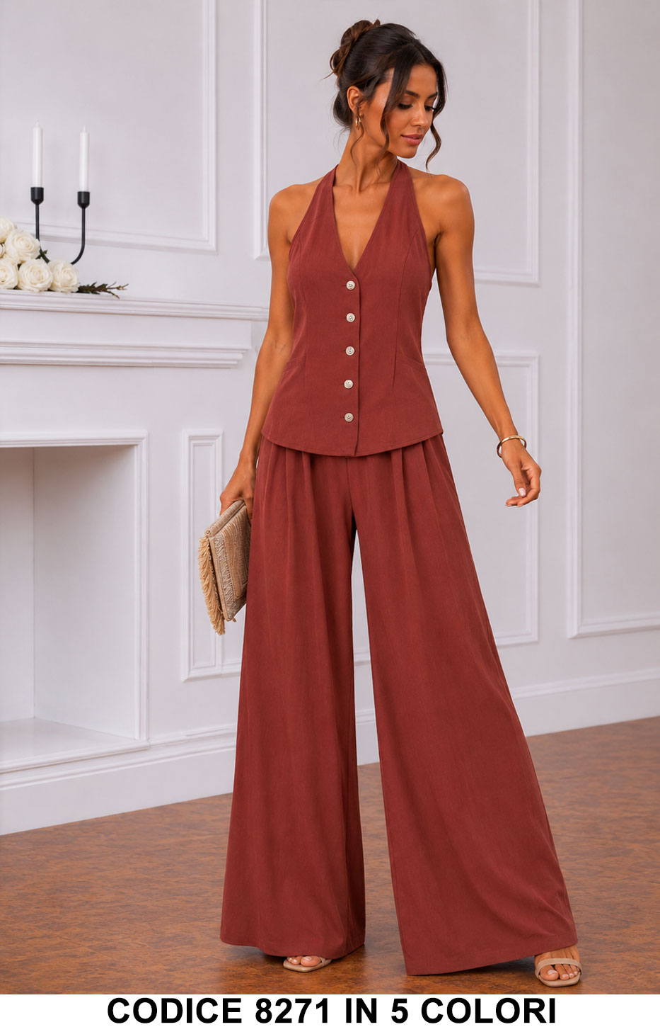 Completo Gilet Scollo Allacciato al Collo e Pantalone Palazzo Coordinato in 5 Colori – 8271