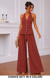 Completo Gilet Scollo Allacciato al Collo e Pantalone Palazzo Coordinato in 5 Colori – 8271
