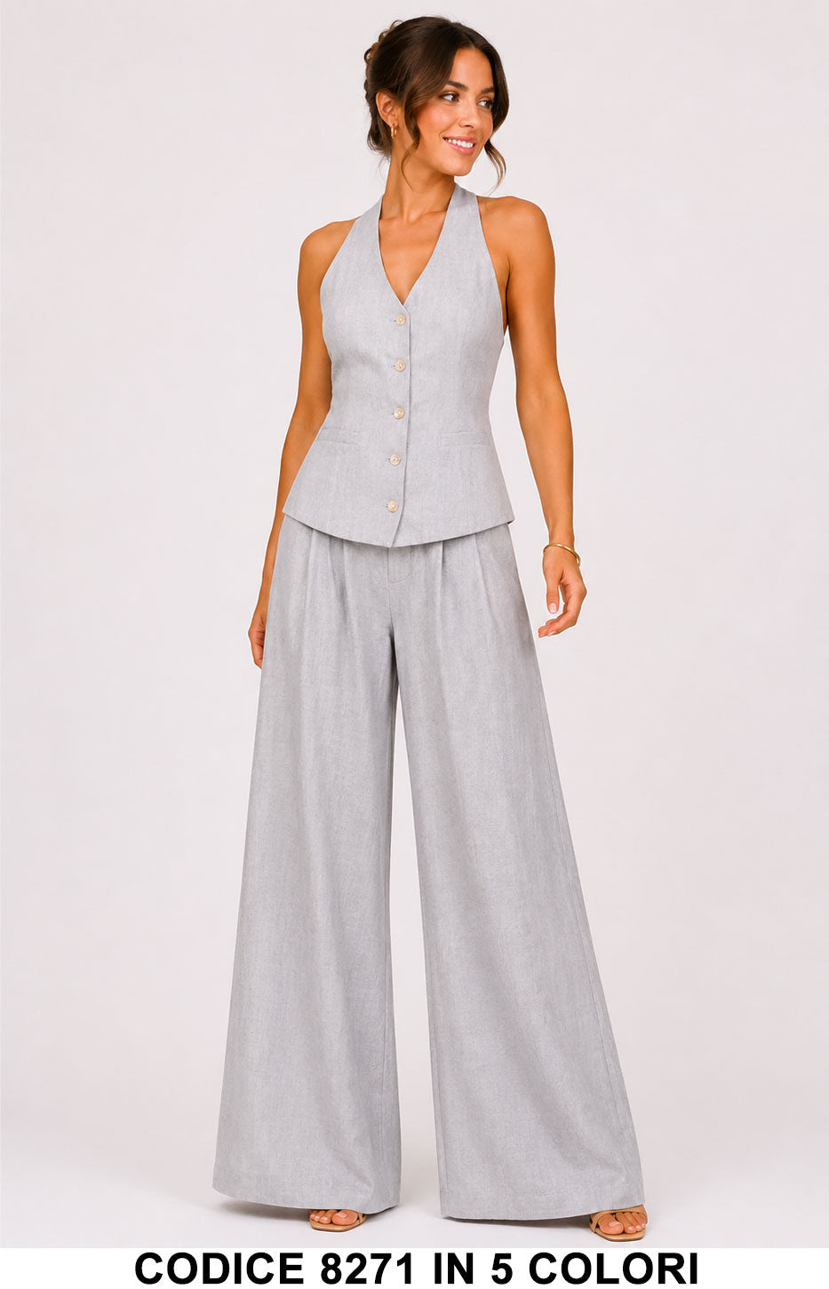 Completo Gilet Scollo Allacciato al Collo e Pantalone Palazzo Coordinato in 5 Colori – 8271