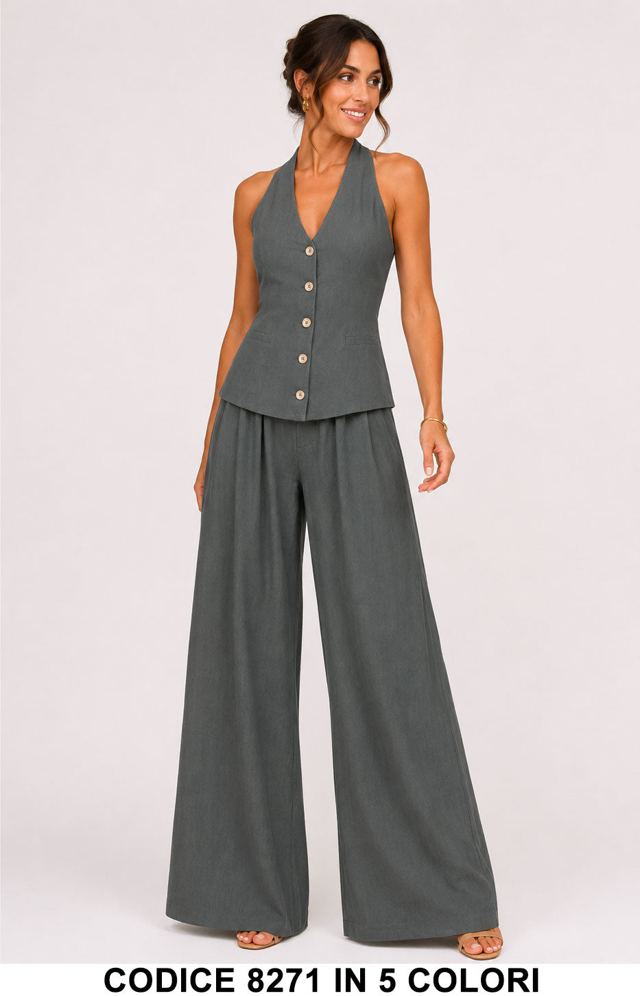 Completo Gilet Scollo Allacciato al Collo e Pantalone Palazzo Coordinato in 5 Colori – 8271