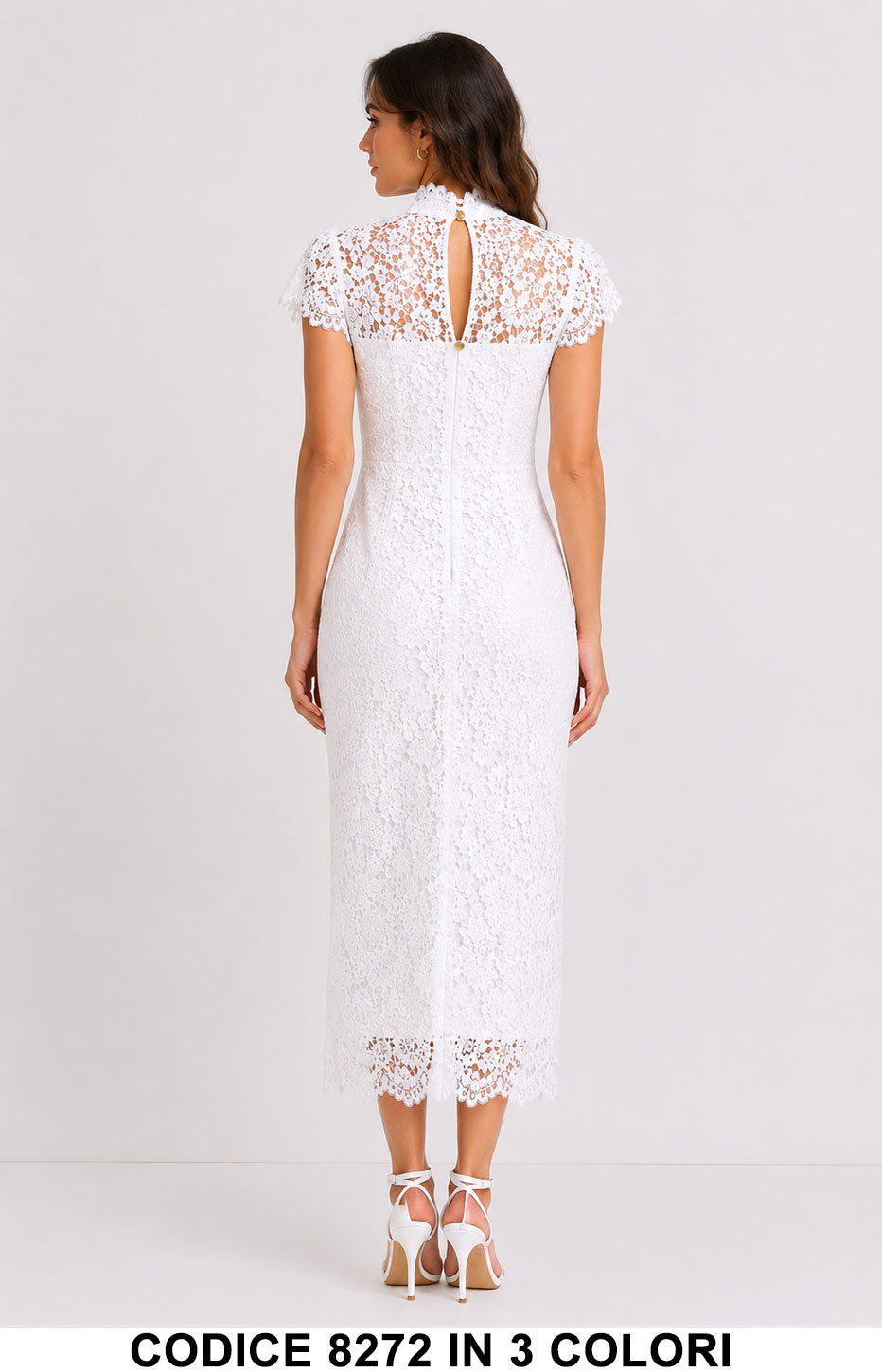 Abito Midi Elegante in Pizzo lavorato Collo Alto Vestito Evento Cerimonia in 3 Colori – 8272