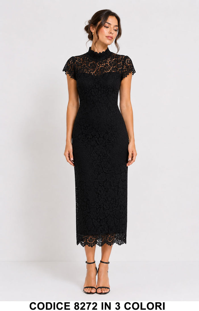 Abito Midi Elegante in Pizzo lavorato Collo Alto Vestito Evento Cerimonia in Nero – 8272