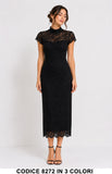 Abito Midi Elegante in Pizzo lavorato Collo Alto Vestito Evento Cerimonia in 3 Colori – 8272