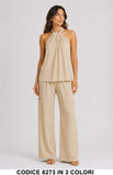 Completo Donna Top Collo Allacciato e Pantalone Palazzo Coordinato Casual in 3 Colori – 8273