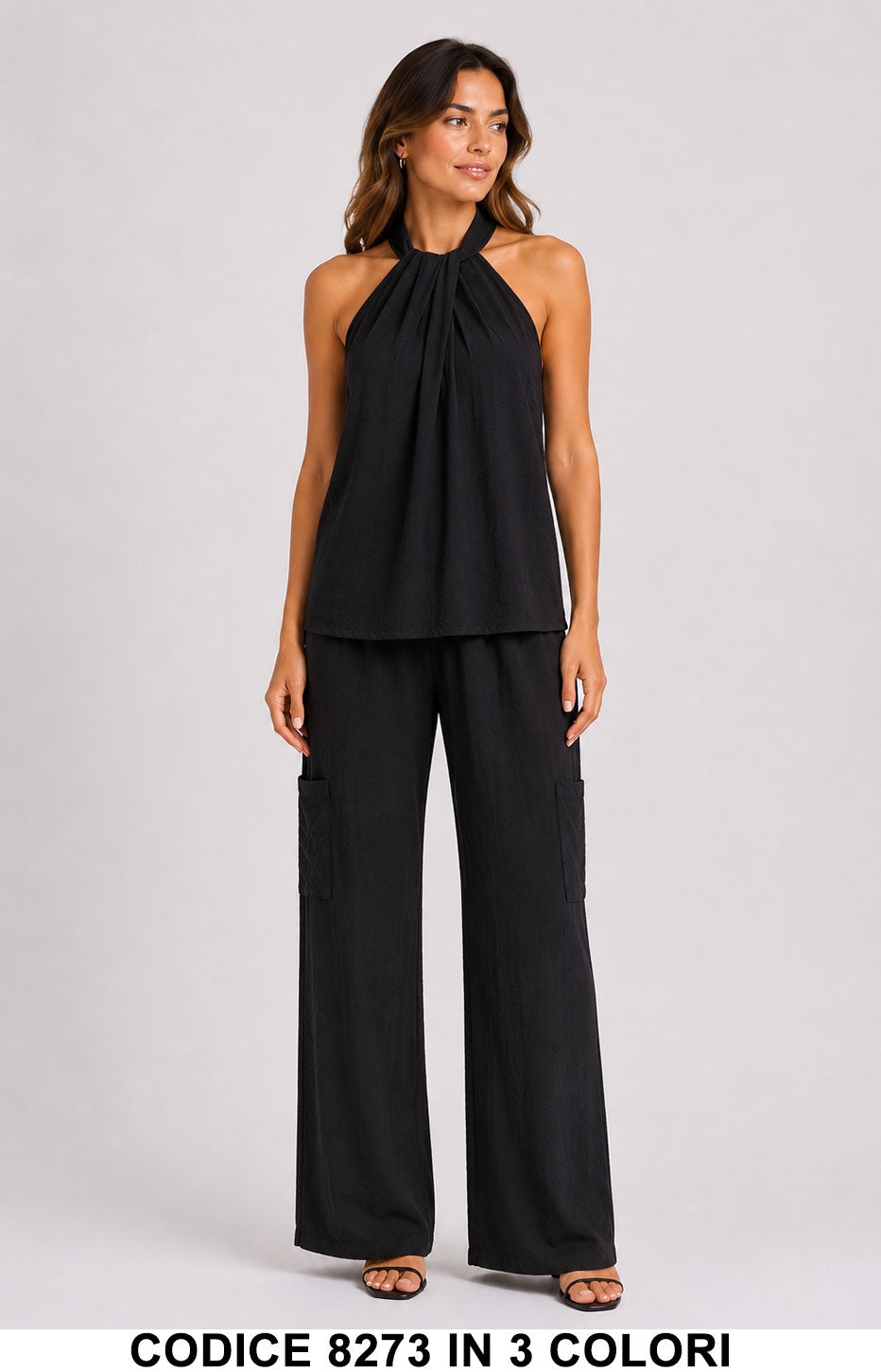 Completo Donna Top Collo Allacciato e Pantalone Palazzo Coordinato Casual in 3 Colori – 8273