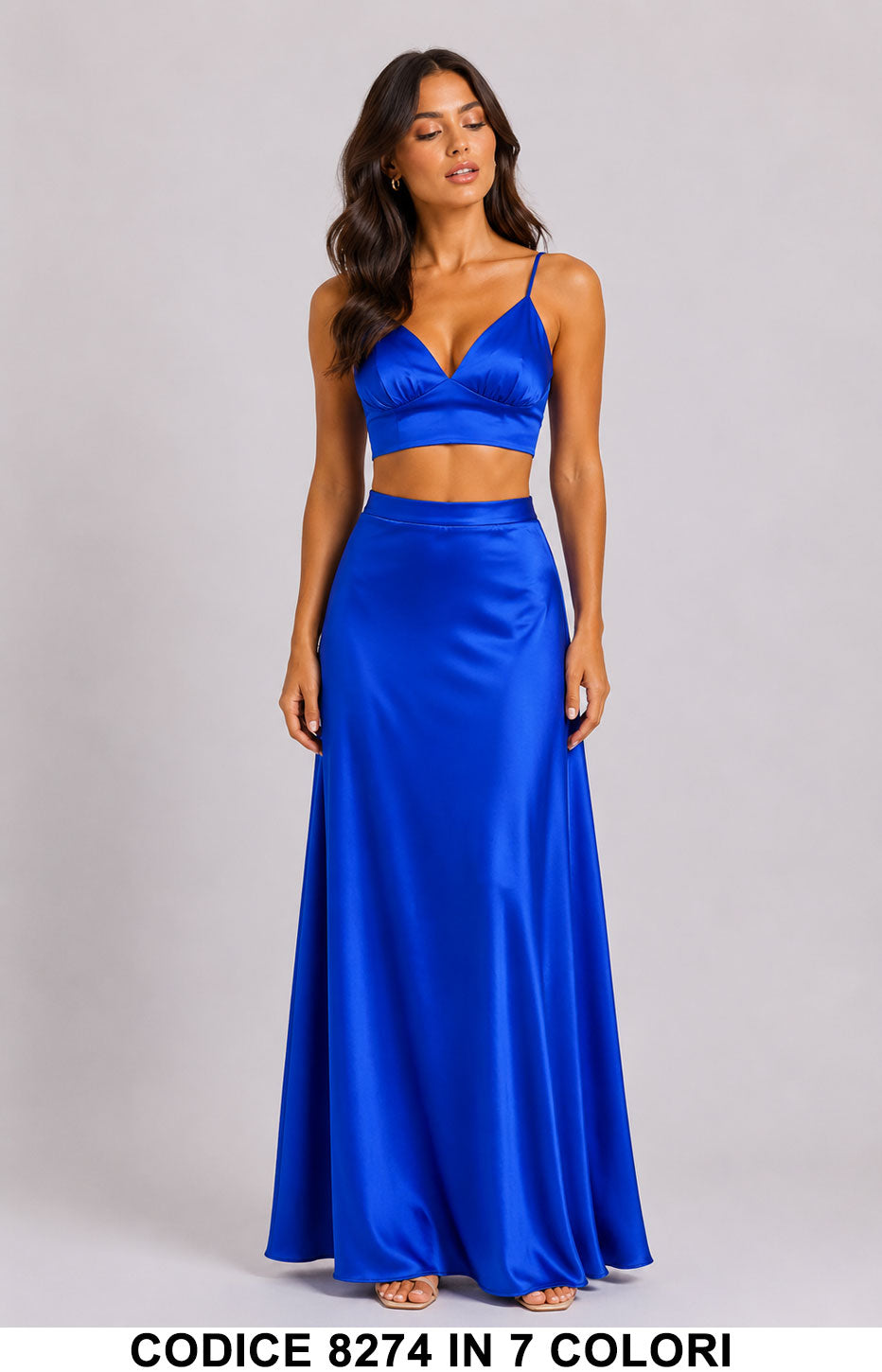 Completo Elegante Satinato Top e Gonna Lunga Coordinato Casual in 7 Colori – 8274