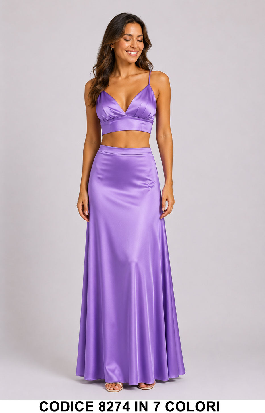 Completo Elegante Satinato Top e Gonna Lunga Coordinato Casual in 7 Colori – 8274