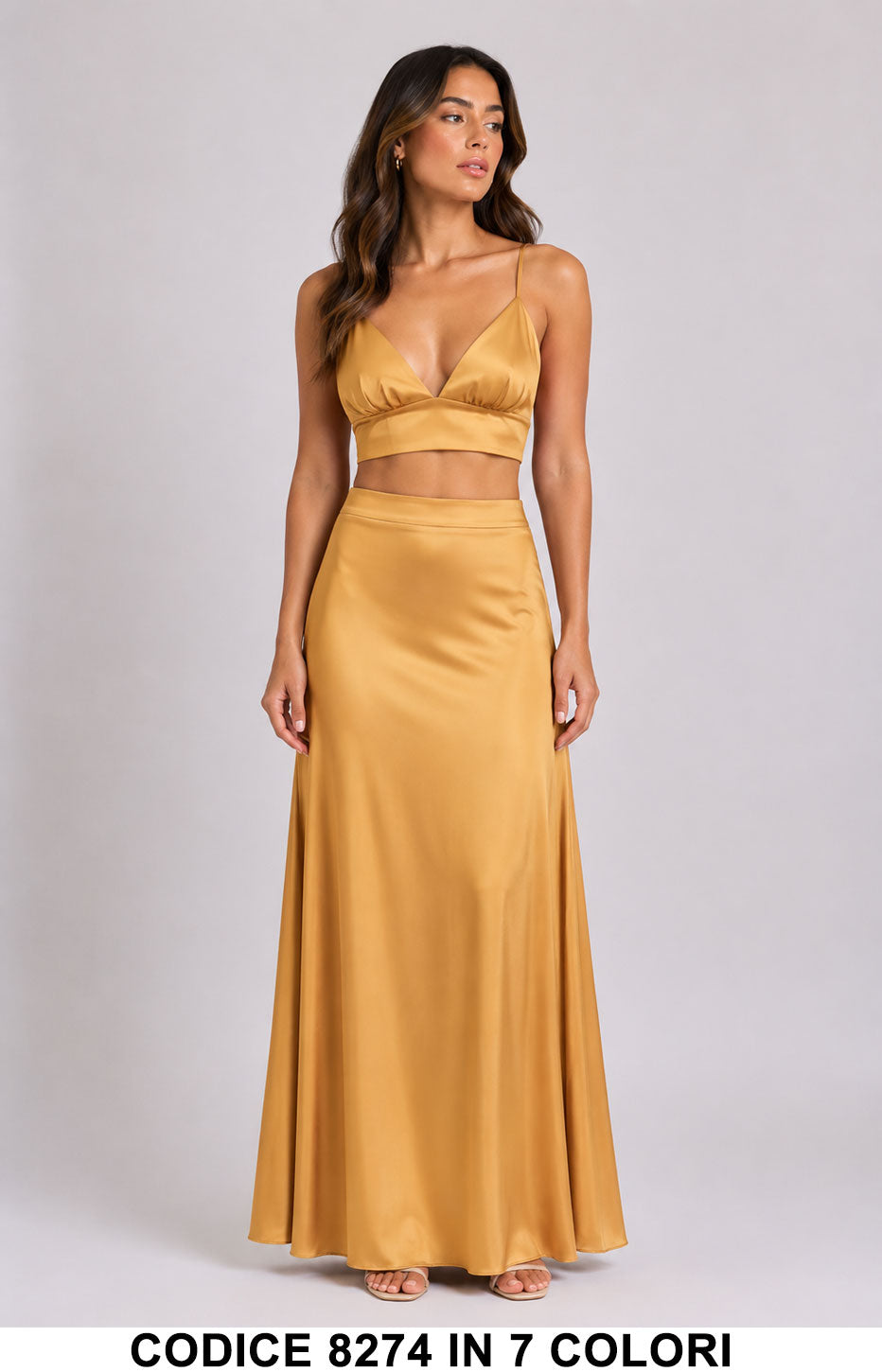 Completo Elegante Satinato Top e Gonna Lunga Coordinato Casual in 7 Colori – 8274