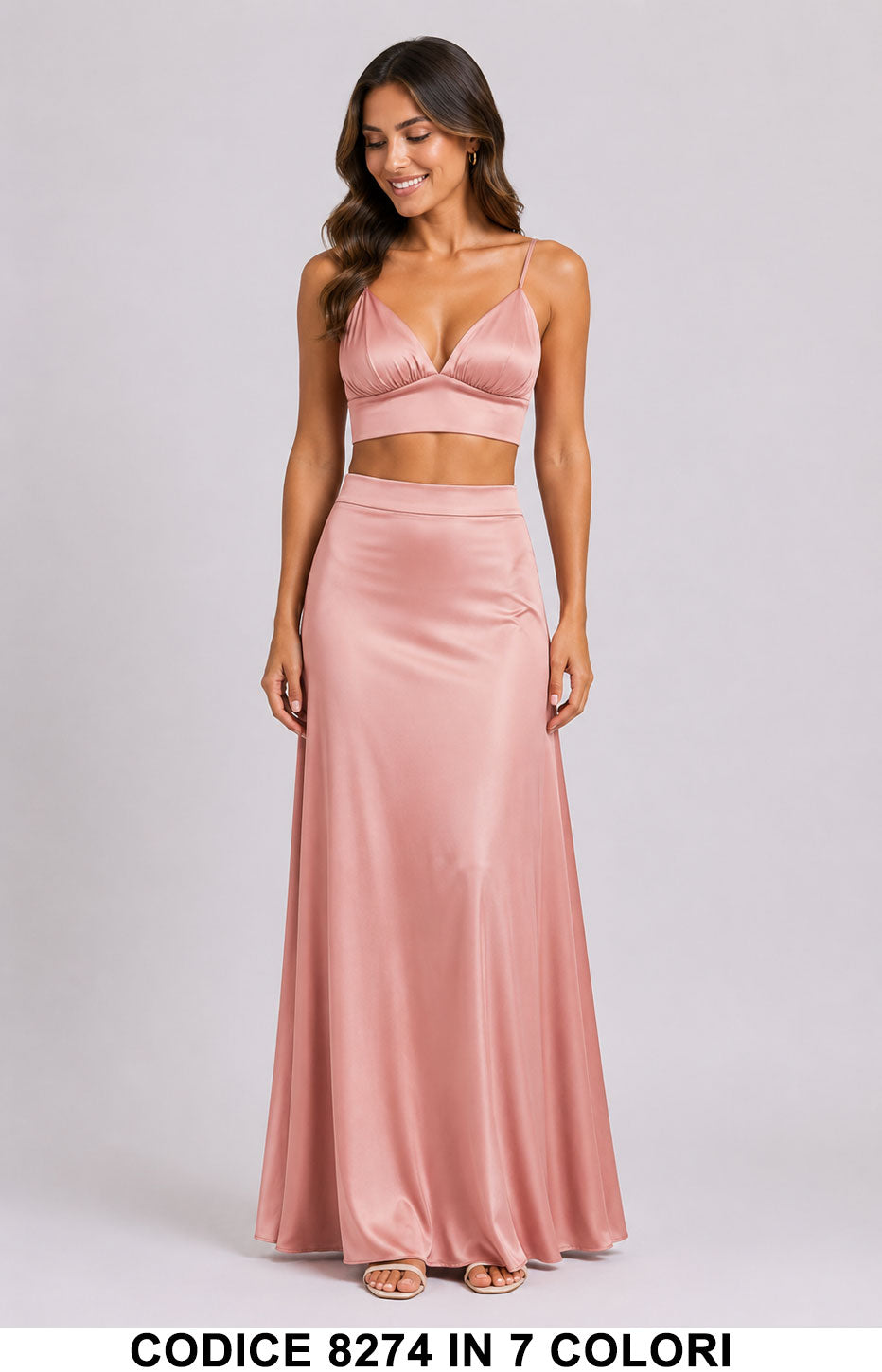 Completo Elegante Satinato Top e Gonna Lunga Coordinato Casual in 7 Colori – 8274