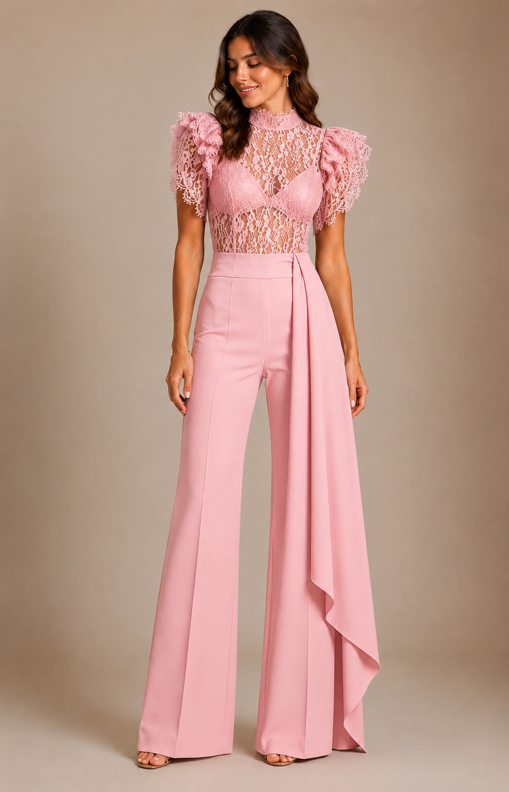 Tuta Elegante in Pizzo con Pantalone Palazzo e Cappa Laterale Jumpsuit in 2 Colori – 8275
