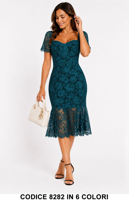 Abito Midi Sirena in Pizzo con Scollo a Cuore e Maniche Corte Vestito Elagante in 6 Colori – 8282