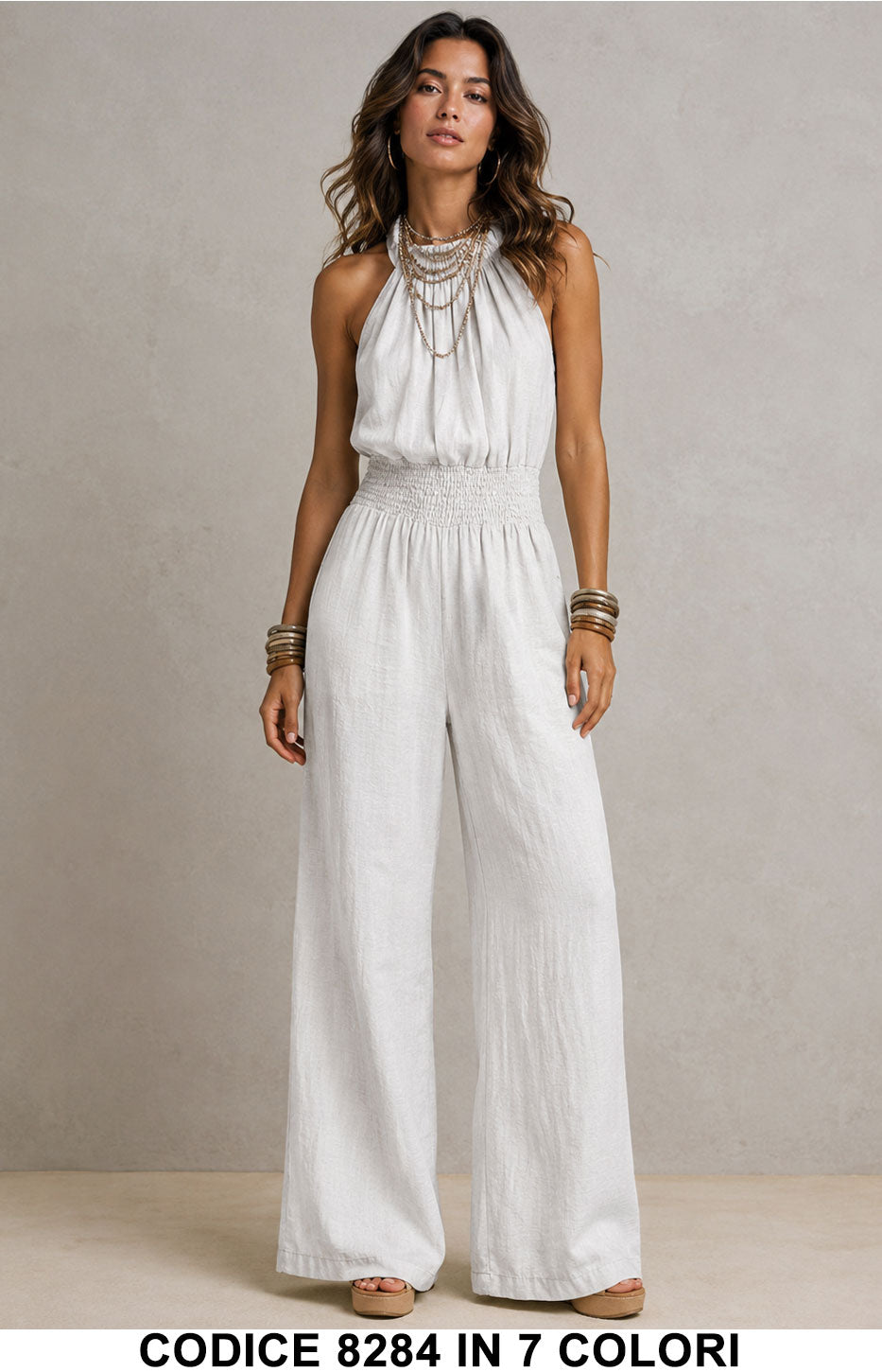 Tuta Intera Donna con Scollo Halter, Schiena Scoperta e Pantalone Palazzo Jumpsuit in 7 Colori – 8284