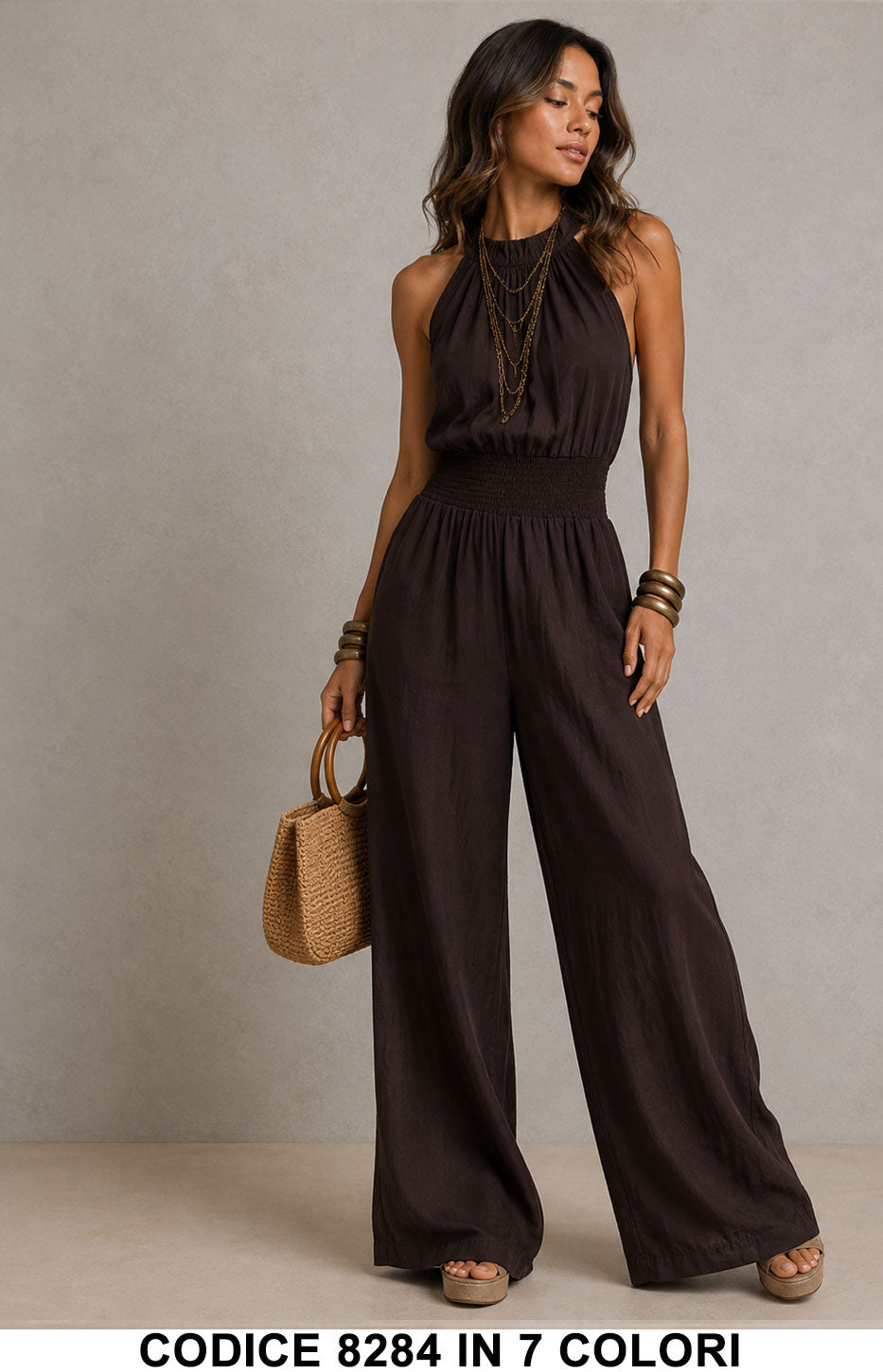 Tuta Intera Donna con Scollo Halter, Schiena Scoperta e Pantalone Palazzo Jumpsuit in 7 Colori – 8284
