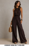 Tuta Intera Donna con Scollo Halter, Schiena Scoperta e Pantalone Palazzo Jumpsuit in 7 Colori – 8284