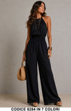 Tuta Intera Donna con Scollo Halter, Schiena Scoperta e Pantalone Palazzo Jumpsuit in 7 Colori – 8284
