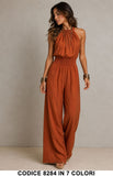 Tuta Intera Donna con Scollo Halter, Schiena Scoperta e Pantalone Palazzo Jumpsuit in 7 Colori – 8284