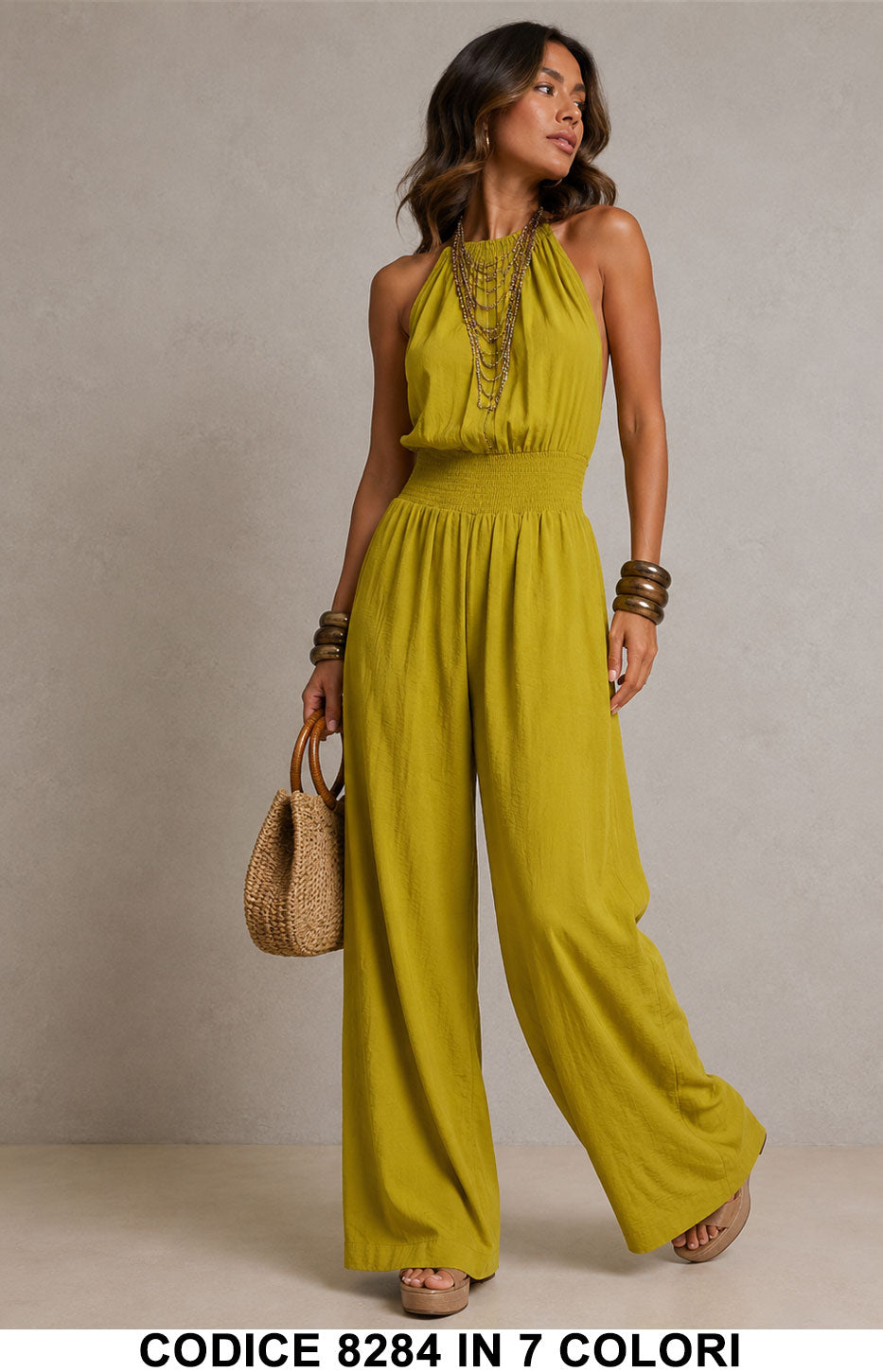 Tuta Intera Donna con Scollo Halter, Schiena Scoperta e Pantalone Palazzo Jumpsuit in 7 Colori – 8284