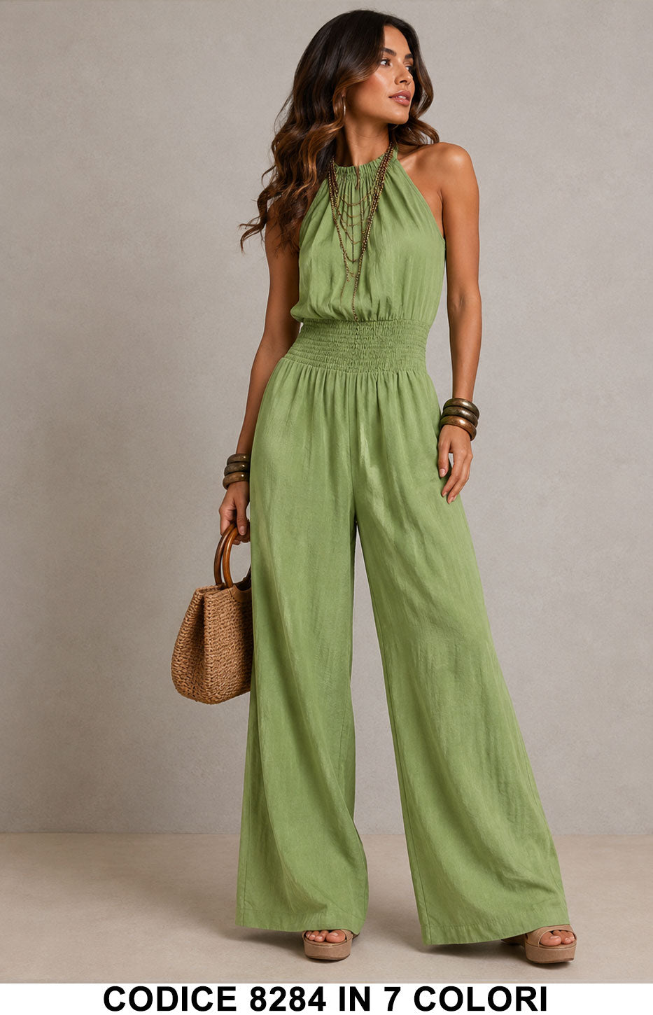 Tuta Intera Donna con Scollo Halter, Schiena Scoperta e Pantalone Palazzo Jumpsuit in 7 Colori – 8284