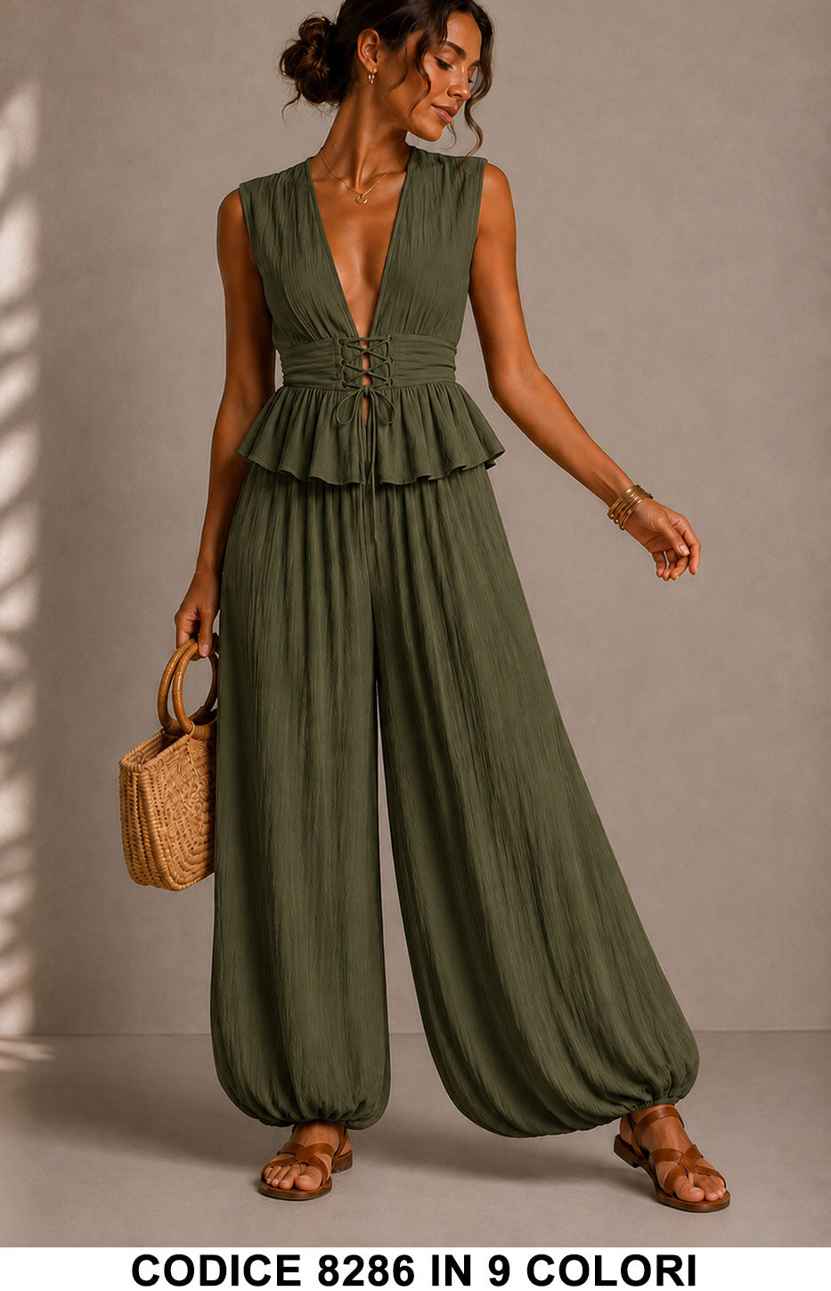 Completo 2 pezzi elegante con top scollato e pantalone ampio Coordinato in 9 colori – 8286
