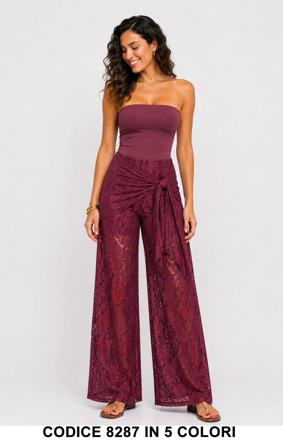 Completo 2 pezzi top fascia + pantalone in pizzo con fascia lunga Coordinato Casual in 5 colori – 8287