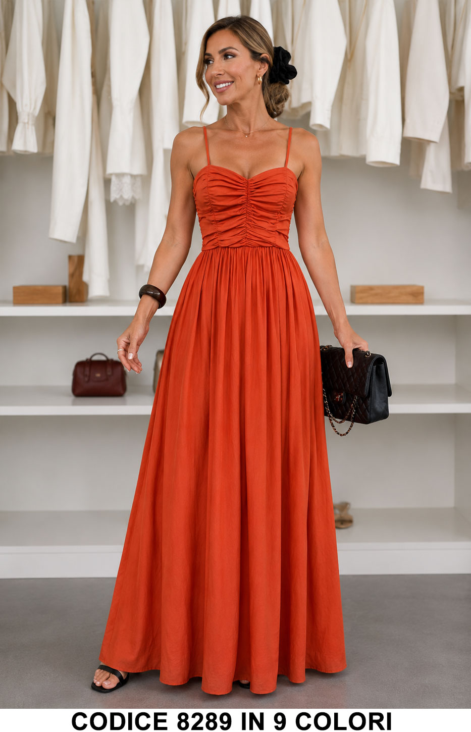 Abito lungo elegante con corpetto arricciato e spalline sottili Vestito Casual in 9 colori – 8289