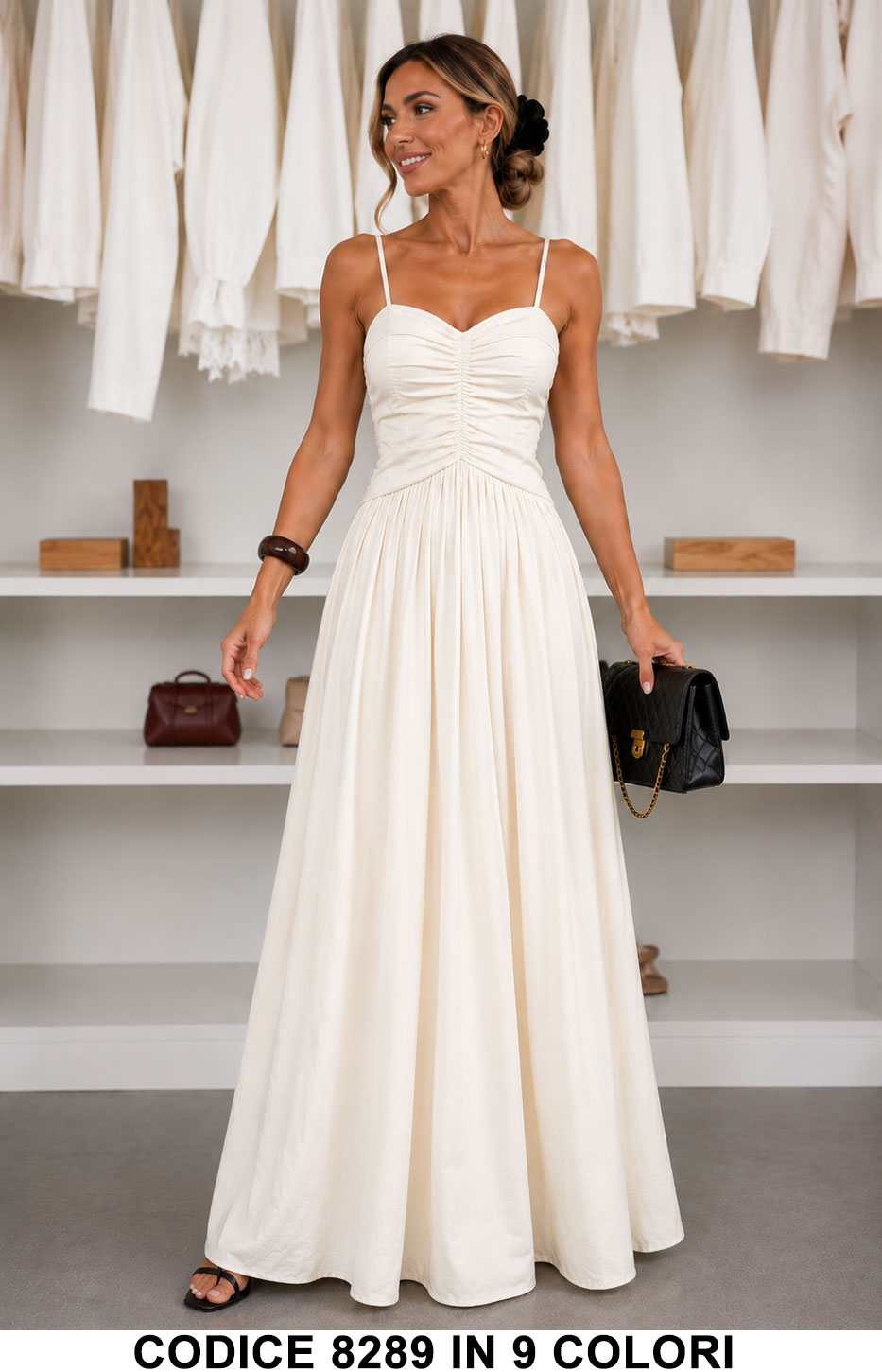 Abito lungo elegante con corpetto arricciato e spalline sottili Vestito Casual in 9 colori – 8289