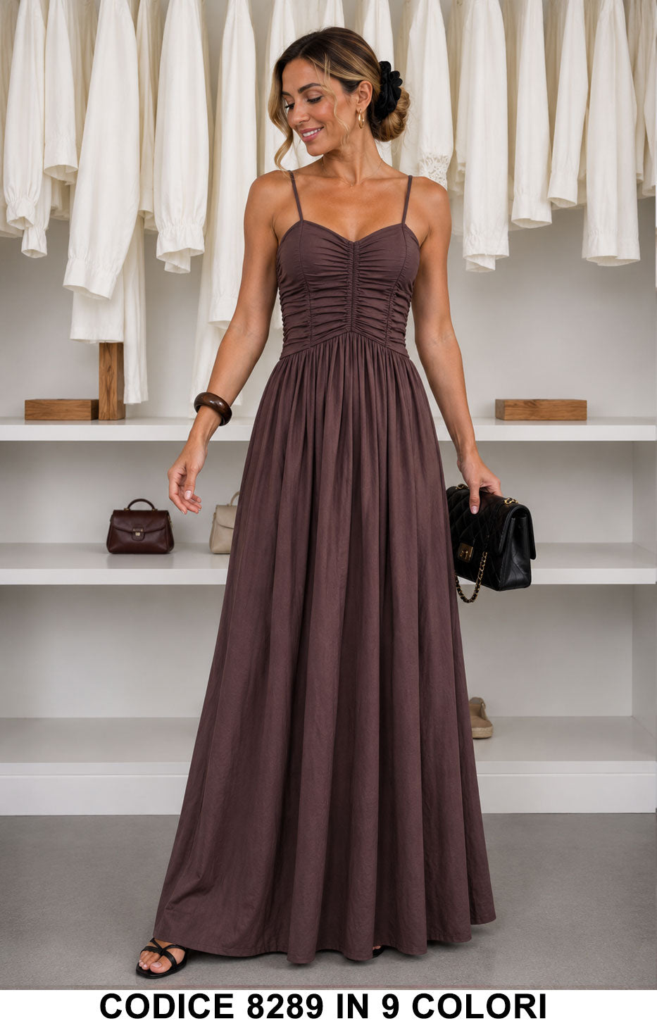 Abito lungo elegante con corpetto arricciato e spalline sottili Vestito Casual in 9 colori – 8289