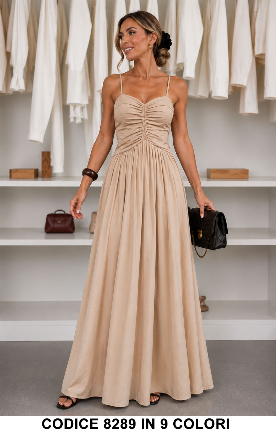 Abito lungo elegante con corpetto arricciato e spalline sottili Vestito Casual in 9 colori – 8289