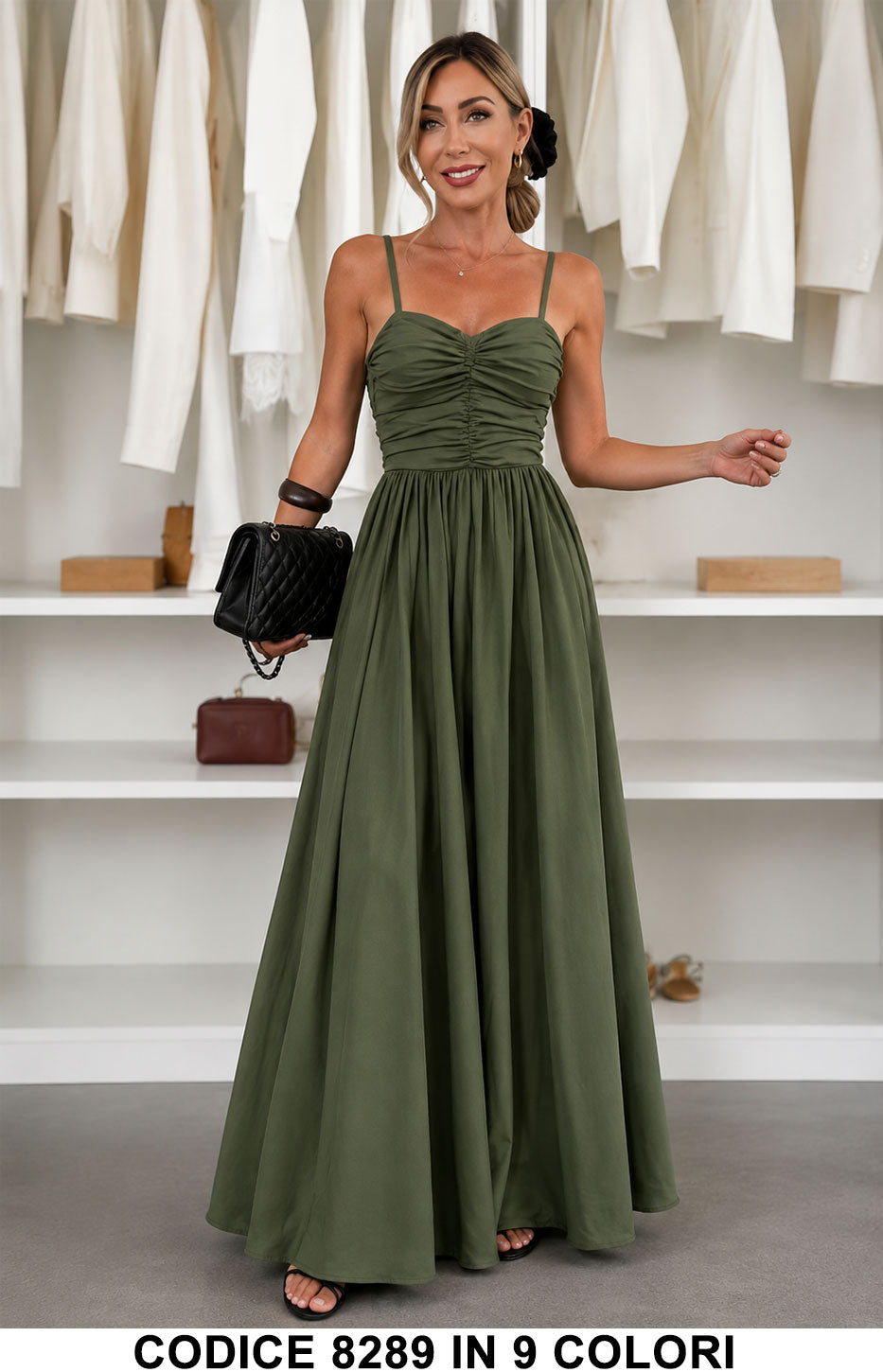 Abito lungo elegante con corpetto arricciato e spalline sottili Vestito Casual in 9 colori – 8289
