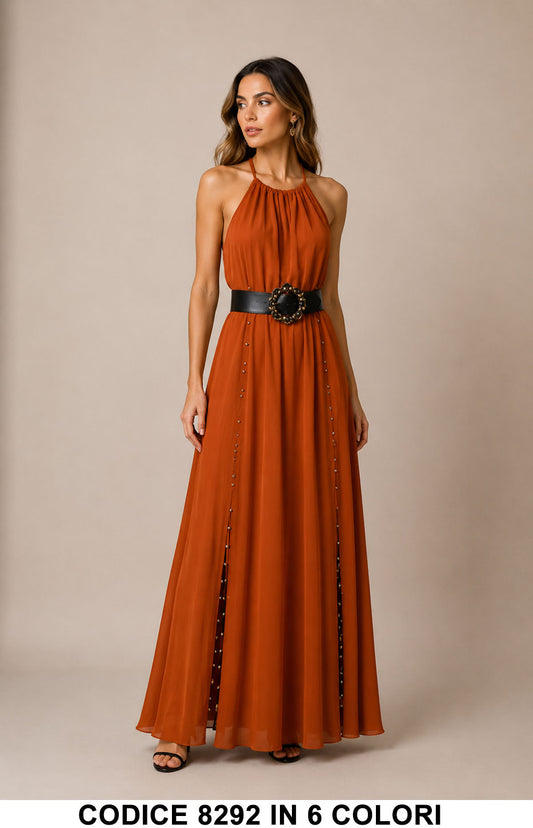 Abito lungo elegante Viscosa cintura gioiello e dettagli metallici Vestito in 6 colori – 8292