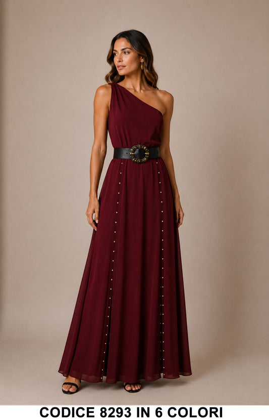 Abito lungo monospalla elegante con cintura gioiello e dettagli metallici Vestito Viscosa in 6 colori – 8293