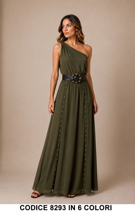 Abito lungo monospalla elegante con cintura gioiello e dettagli metallici Vestito Viscosa in 6 colori – 8293