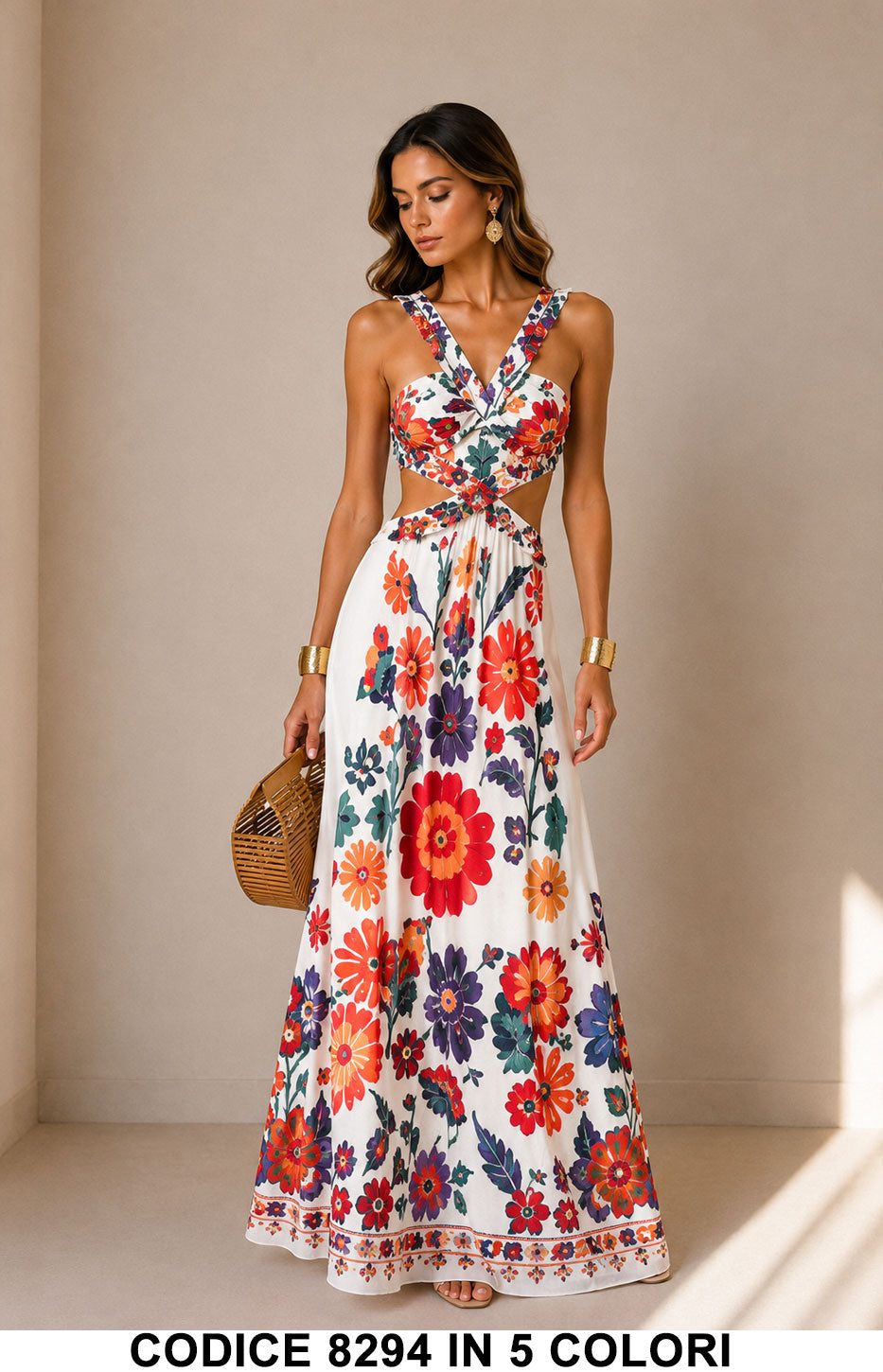 Abito lungo fantasia con cut-out e schiena regolabile Vestito Colorato Elegante in 5 Colori – 8294