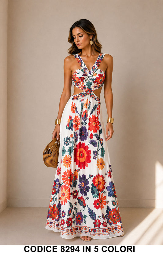 Abito lungo fantasia con cut-out e schiena regolabile Vestito Colorato Elegante in 5 Colori – 8294
