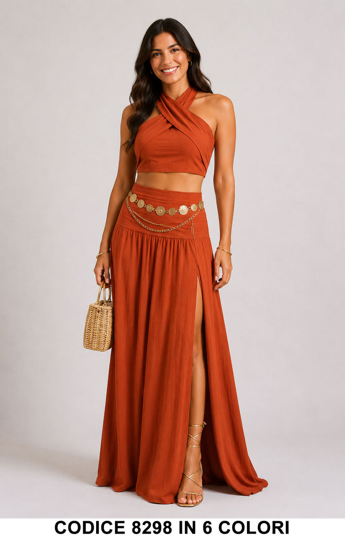Completo Donna 2 Pezzi con Top Incrociato e Gonna Lunga con Spacco in Arancione - 8298