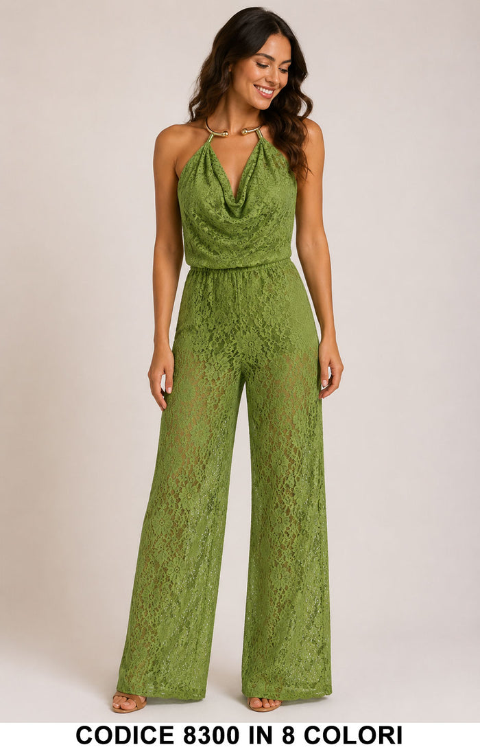 Tuta Donna Elegante in Pizzo con Scollo Drappeggiato e Pantalone Palazzo Jumpsuiti in Verde - 8300