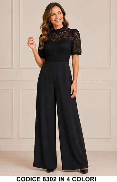 Tuta Donna Elegante con Corpino in Pizzo e Pantalone Palazzo Jumpsuit Evento in 4 Colori - 8302