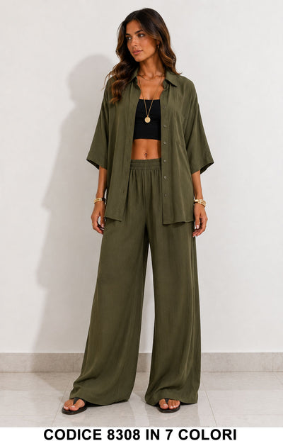 Completo Donna in Lino con Camicia e Pantalone Palazzo Coordinato Casual in 7 Colori – 8308