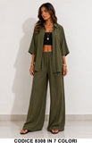 Completo Donna in Lino con Camicia e Pantalone Palazzo Coordinato Casual in 7 Colori – 8308