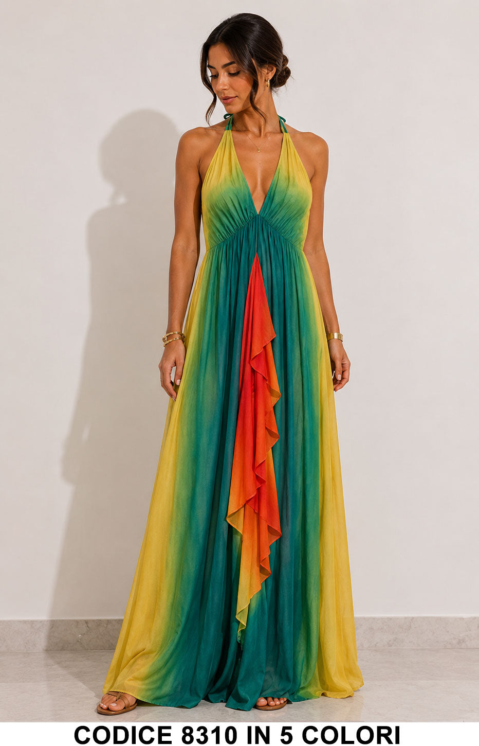 Abito Lungo Sfumato con Scollo Profondo e Drappeggio Centrale Vestito Casul in 5 Colori - 8310